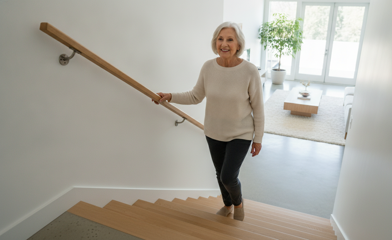 Older adult safely using a handrail while walking down stairs in a well-lit home.