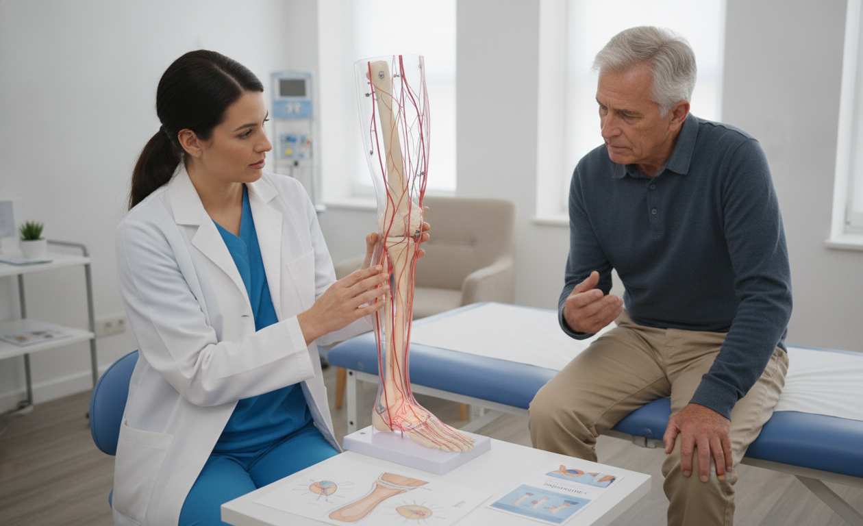 Physical therapist explaining peripheral neuropathy and nerve damage to a patient