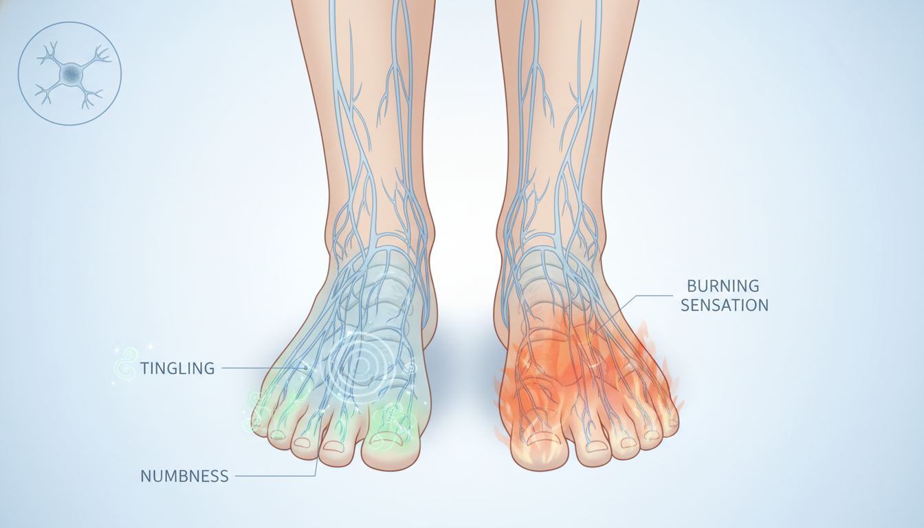 Illustration showing nerve damage in feet causing numbness and tingling from peripheral neuropathy