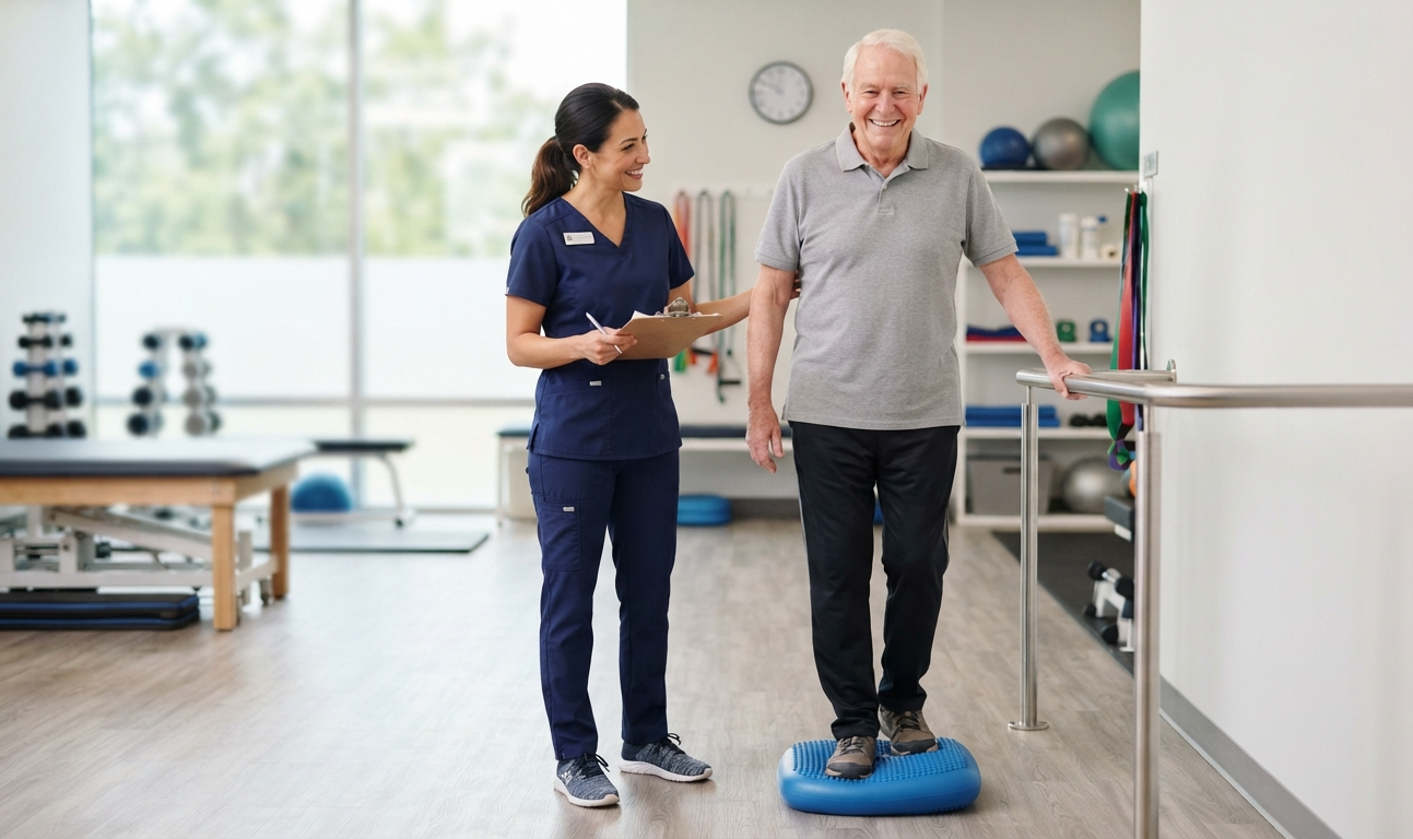 Physical therapist performing a balance assessment with an older adult.