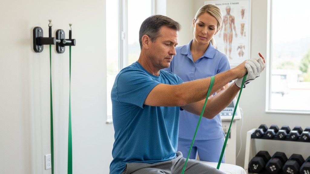 Patient in Salem doing wrist strengthening exercises for golfer’s elbow with a physical therapist