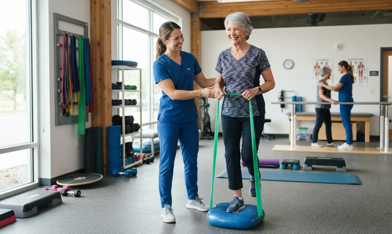 Physical therapist helping an older adult improve mobility and reduce arthritis pain during a therapy session.