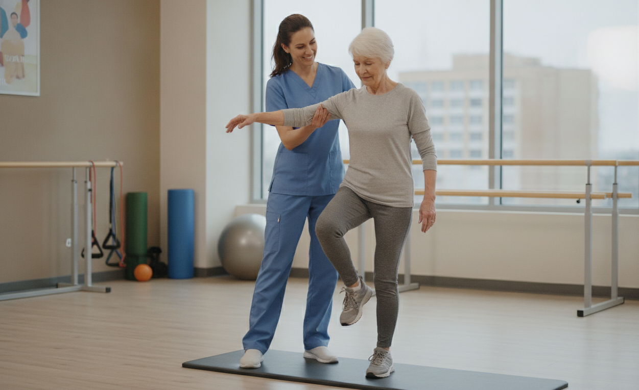 Physical therapist helping an older adult improve balance through targeted exercises.