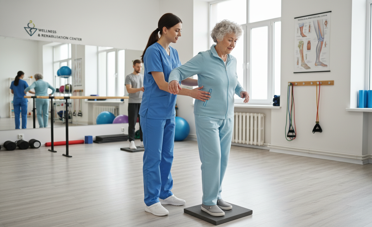 Physical therapist helping patient with balance training for diabetic neuropathy