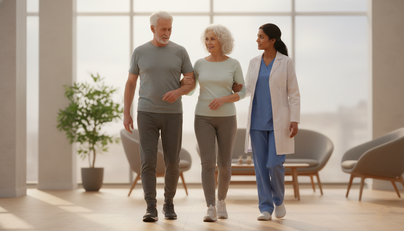 Clinician supporting two older adults as they walk during dizziness and balance care in Salem, Oregon