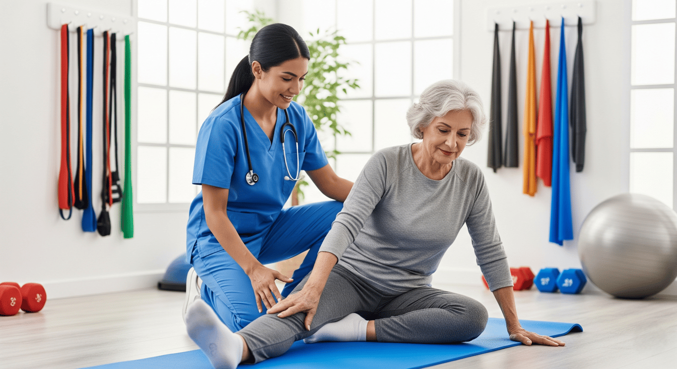 Older woman working on hip strength with her physical therapist in Salem, Oregon