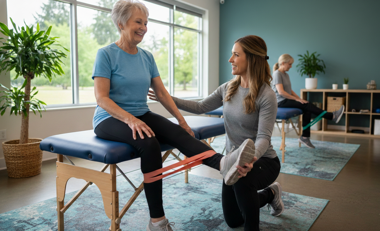 Physical therapist helping an older adult improve knee strength and mobility in Salem Oregon