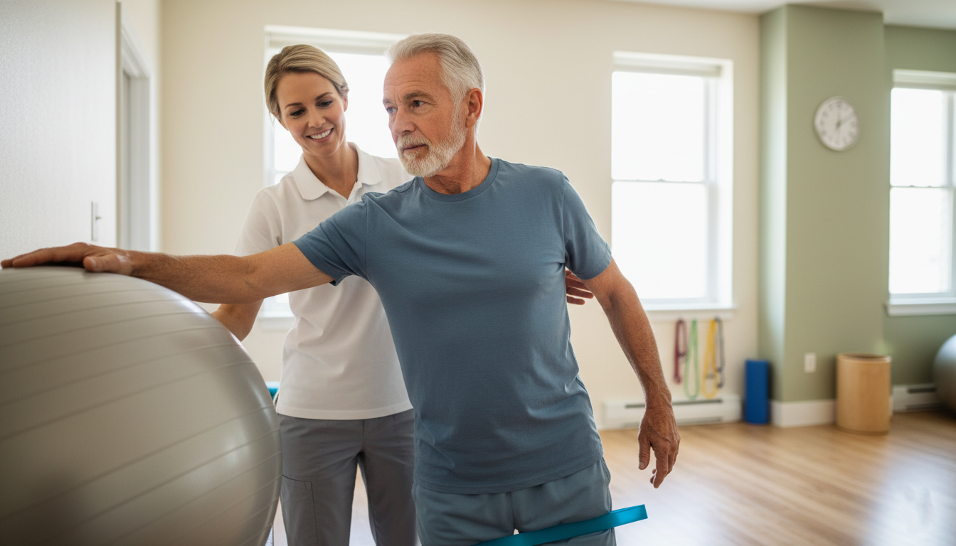 Physical therapist guiding shoulder stability work with an older man after a labral injury