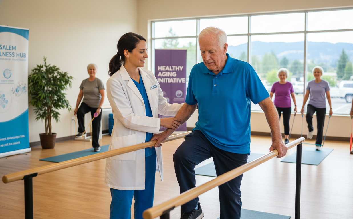 Physical therapist helping an older adult improve leg strength and balance in Salem Oregon