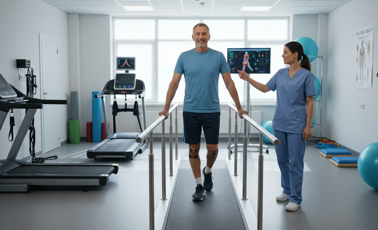 Adult improving walking mechanics and mobility through physical therapy.