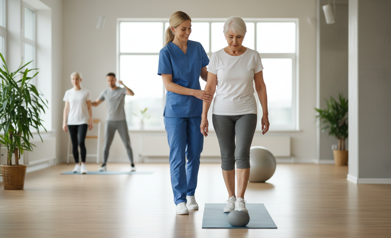 Physical therapist helping older adult improve walking and balance with nerve pain