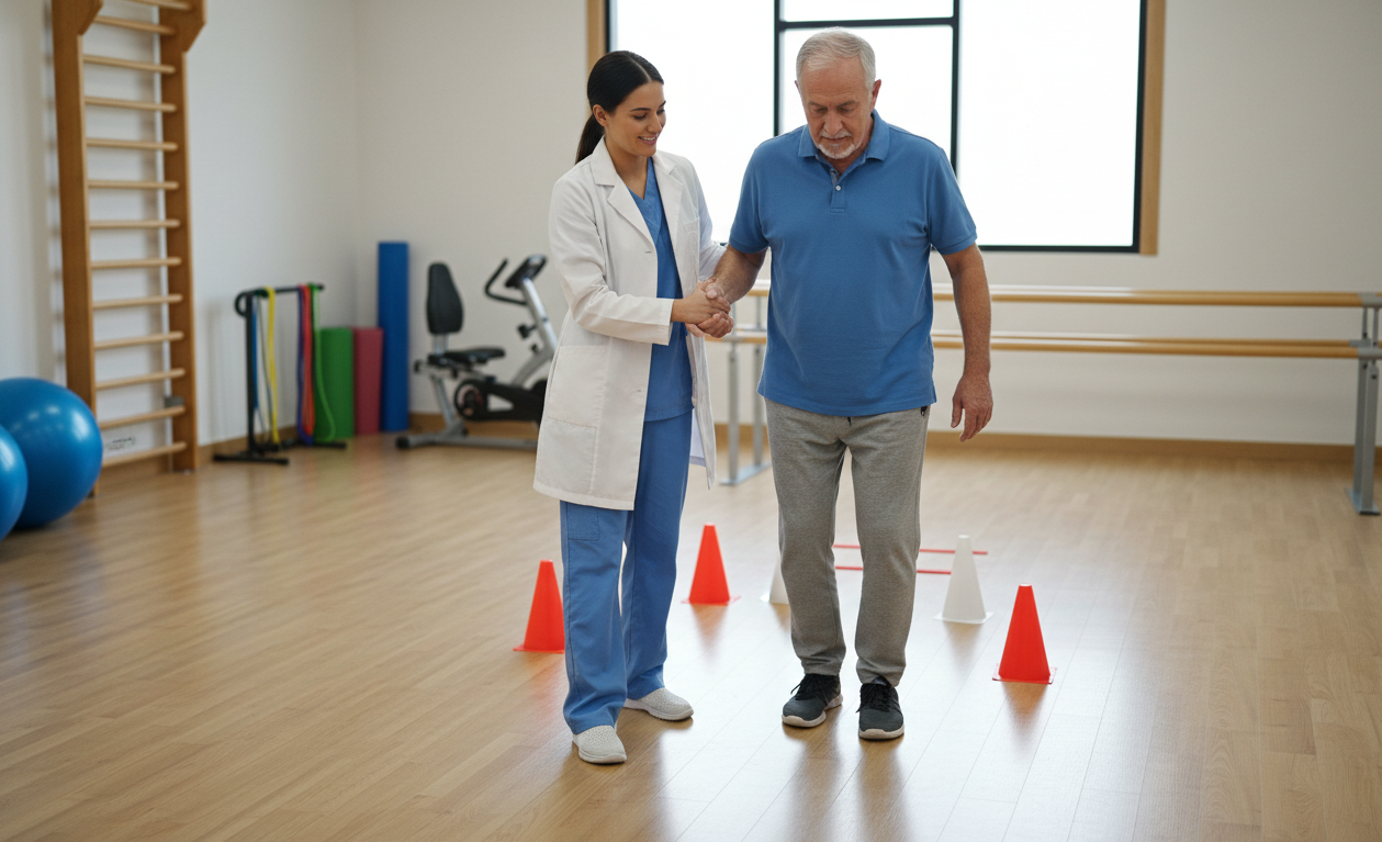 Physical therapist helping older adult improve balance and walking with therapy exercises