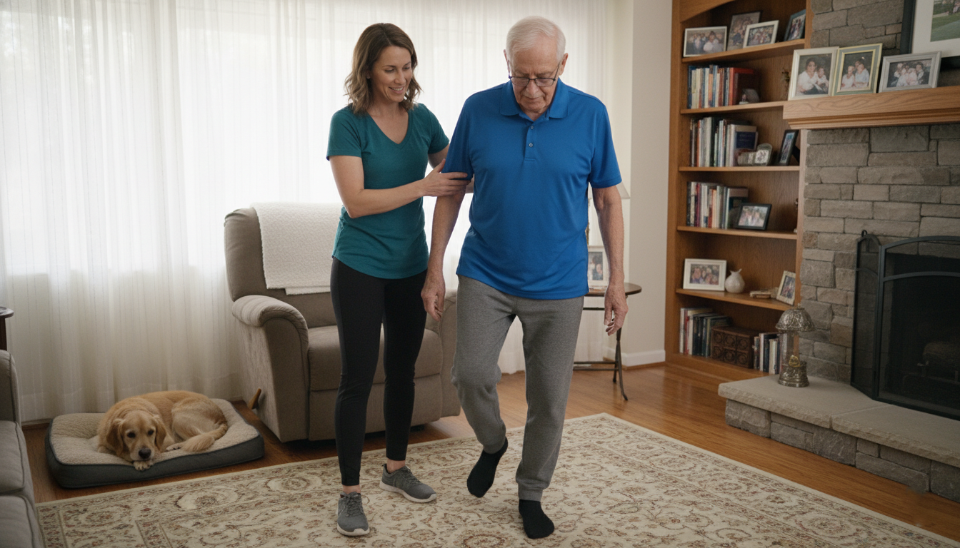 Physical therapy helping an older adult with Parkinson’s improve balance at home