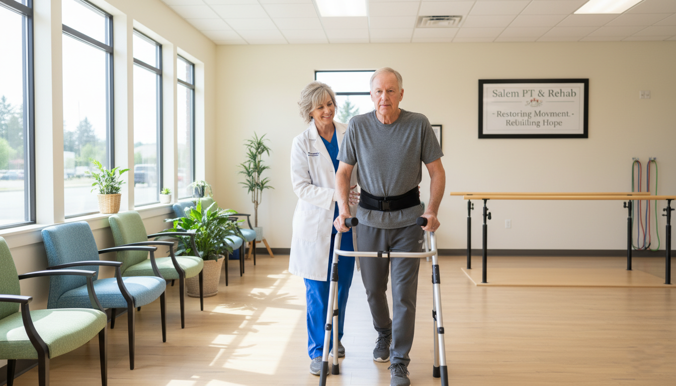 Older man practicing walking with a gait belt and walker beside his therapist in Salem, Oregon