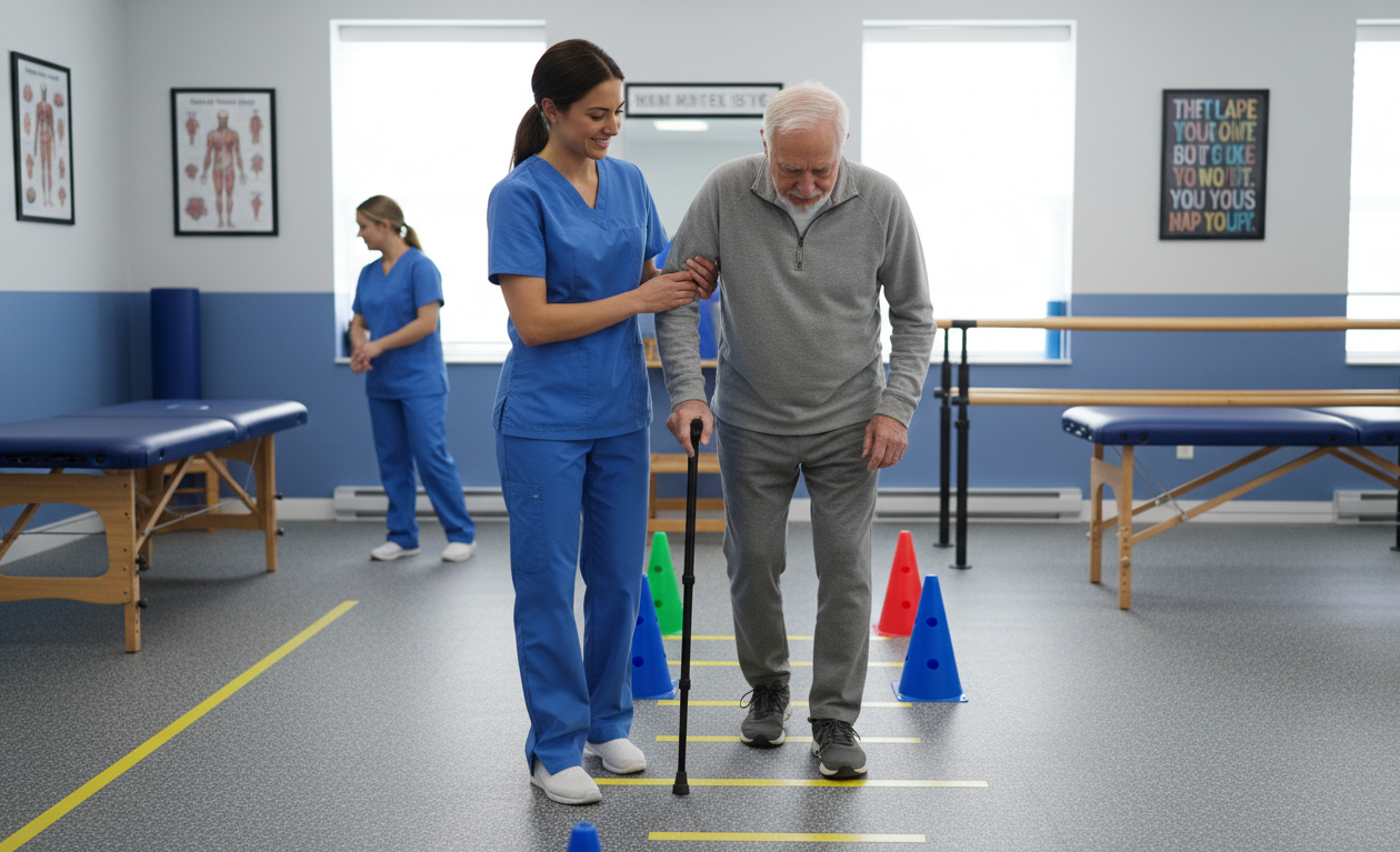 Physical therapist helping an older adult improve walking and balance during therapy session