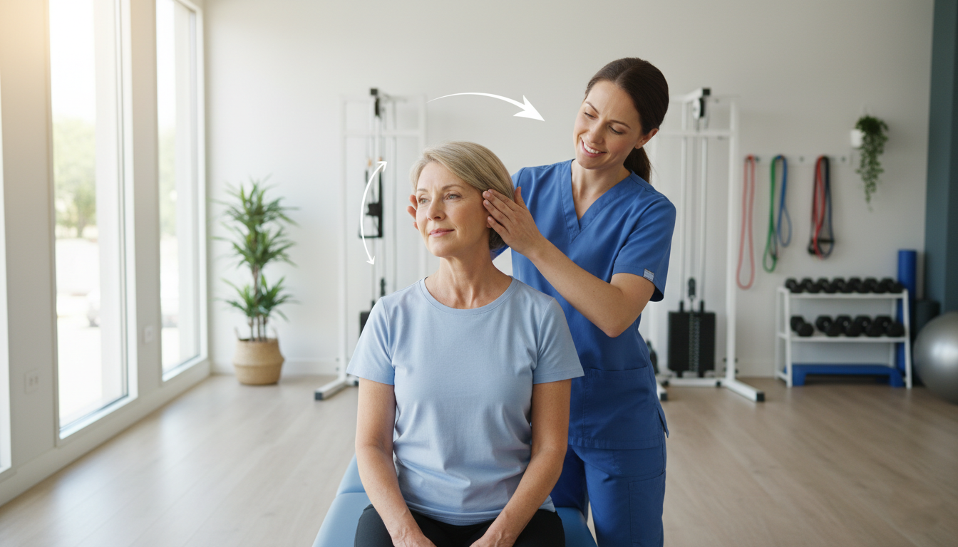 Therapist treating a pinched nerve in an older woman's neck at a Salem, Oregon clinic
