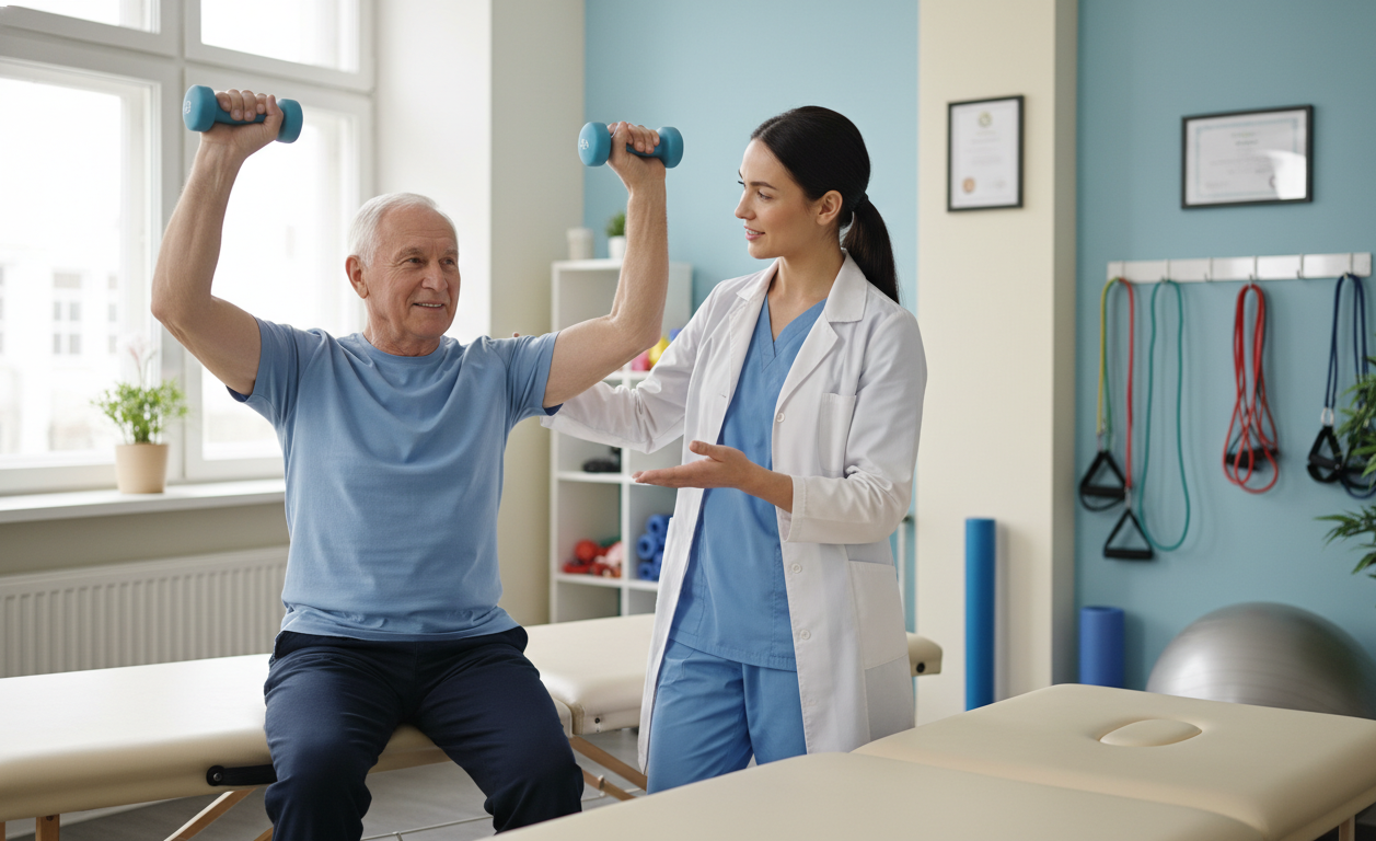 physical therapist helping senior with strength training exercise