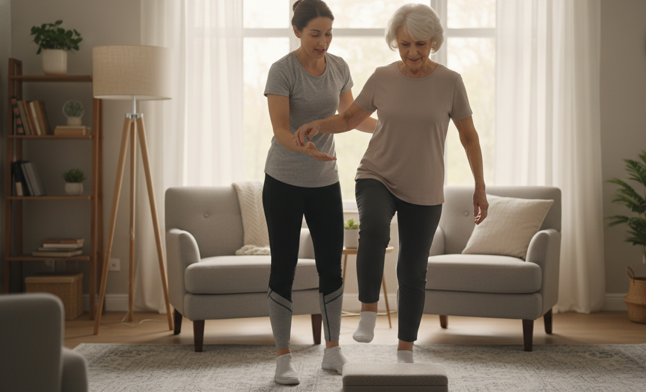Physical therapist guiding an older adult through safe movement after cognitive screening in Salem Oregon.