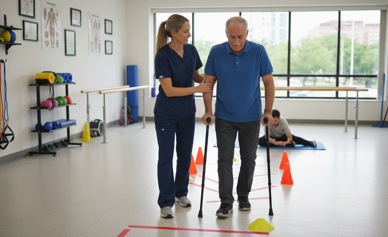 Physical therapist helping senior practice walking exercises during therapy session