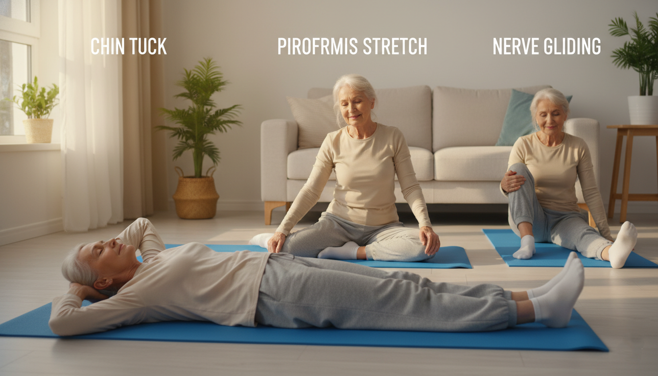 Home exercises for pinched nerve relief including chin tucks and nerve gliding movements.