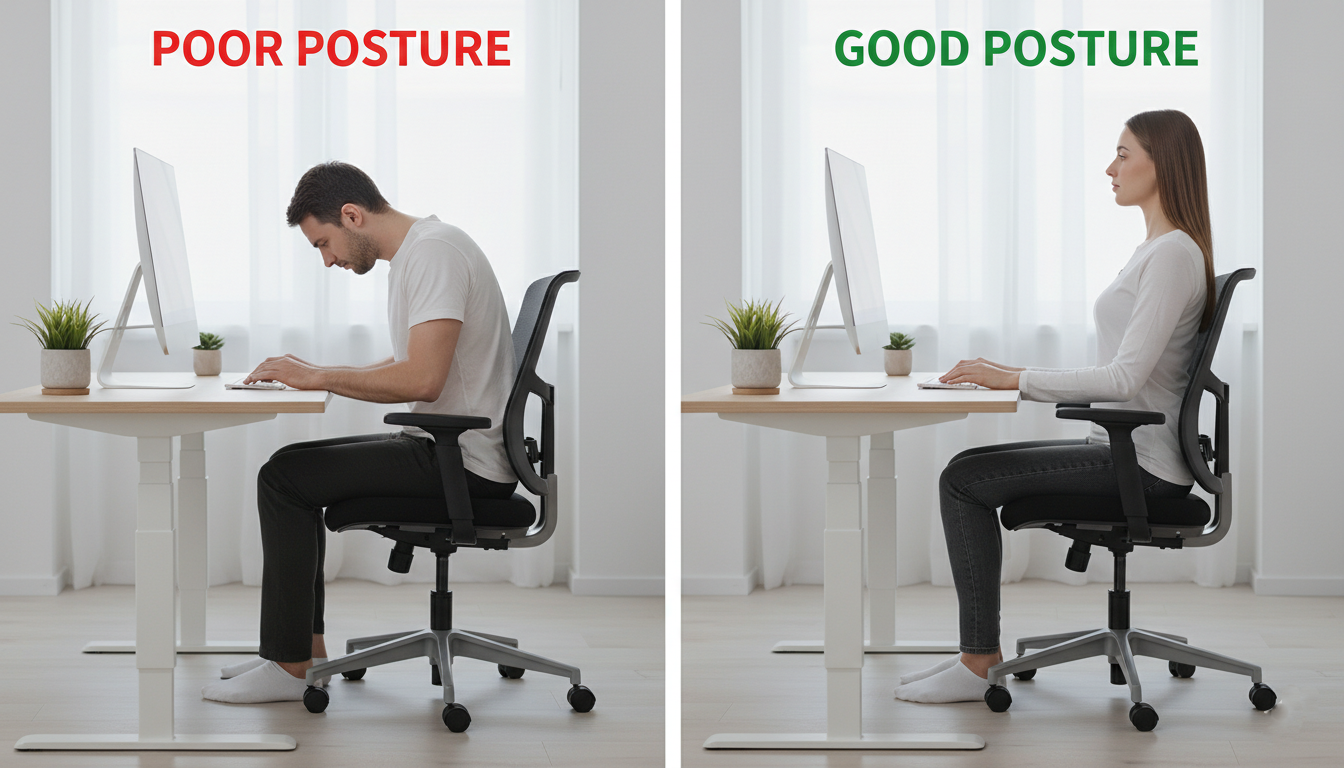 Poor posture vs proper posture showing how neck position can cause headaches