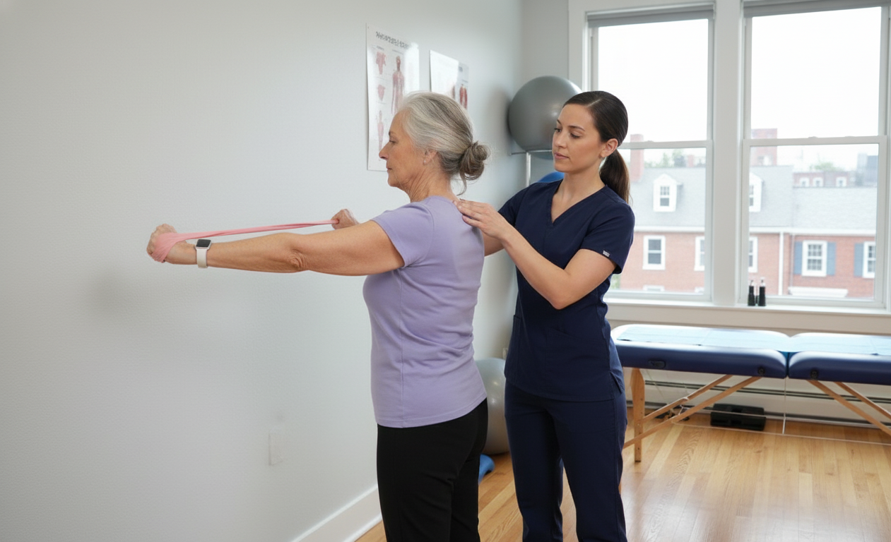 Senior performing posture correction exercises with physical therapist at HWY Physical Therapy in Salem, Oregon.