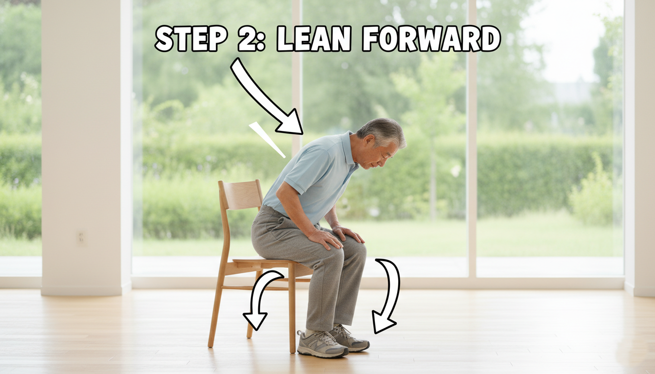 Step by step technique for seniors to stand up from a chair without knee pain