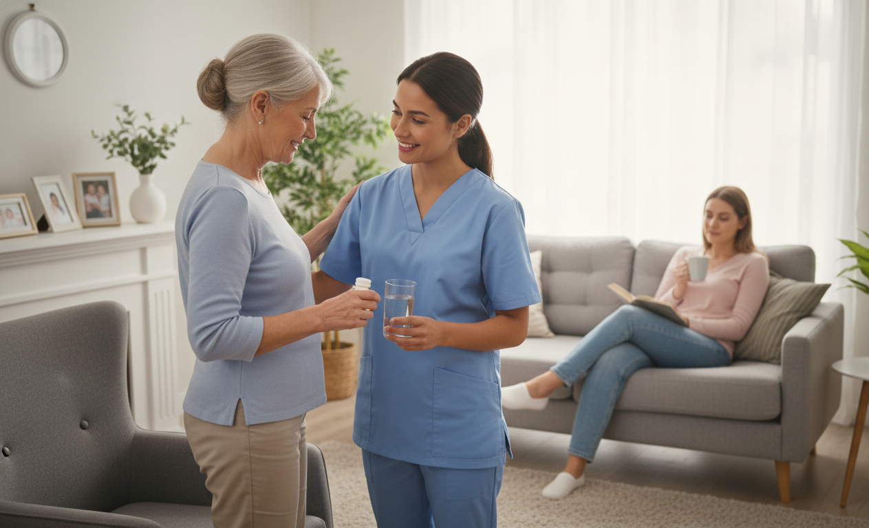 Respite nurse assisting an older adult while giving the family caregiver a break.