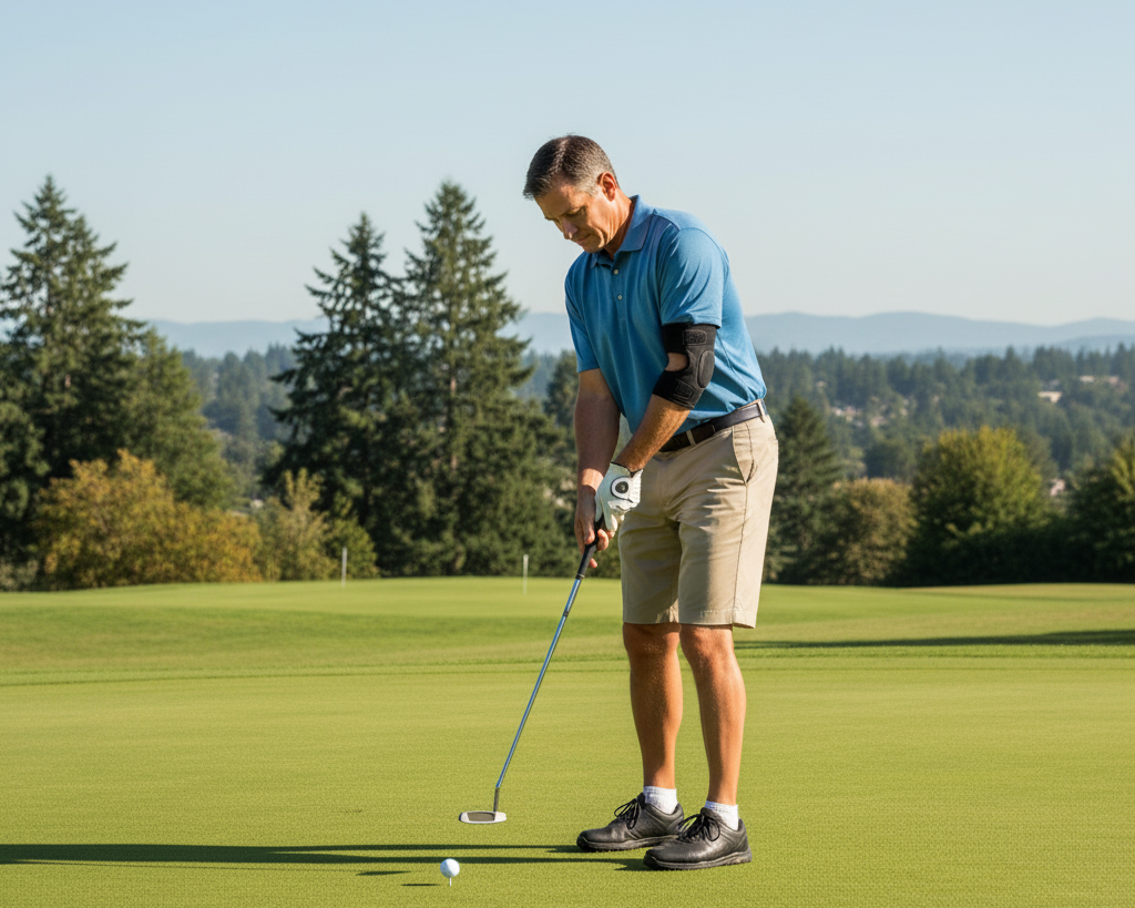 Golfer in Salem returning to the game with elbow support after physical therapy