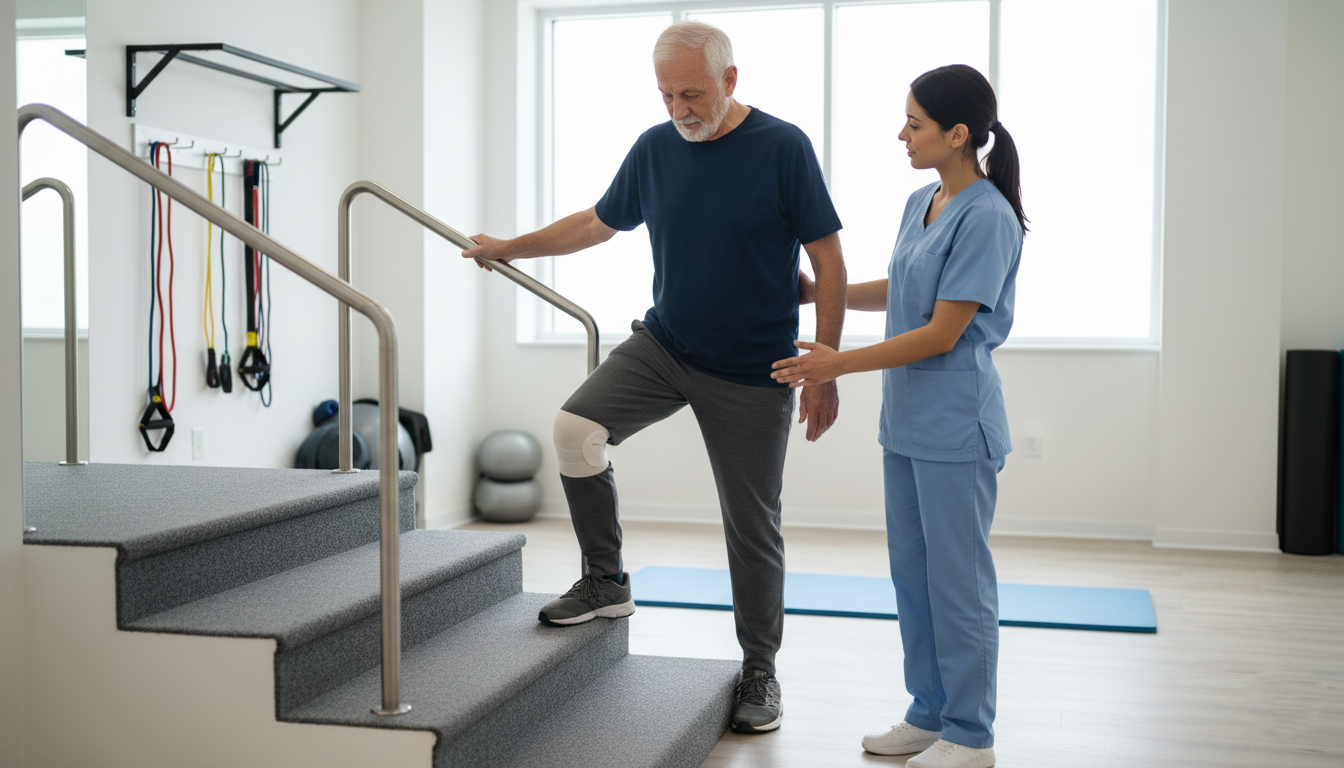 Adult patient returning to daily activities after ACL tear with physical therapy support