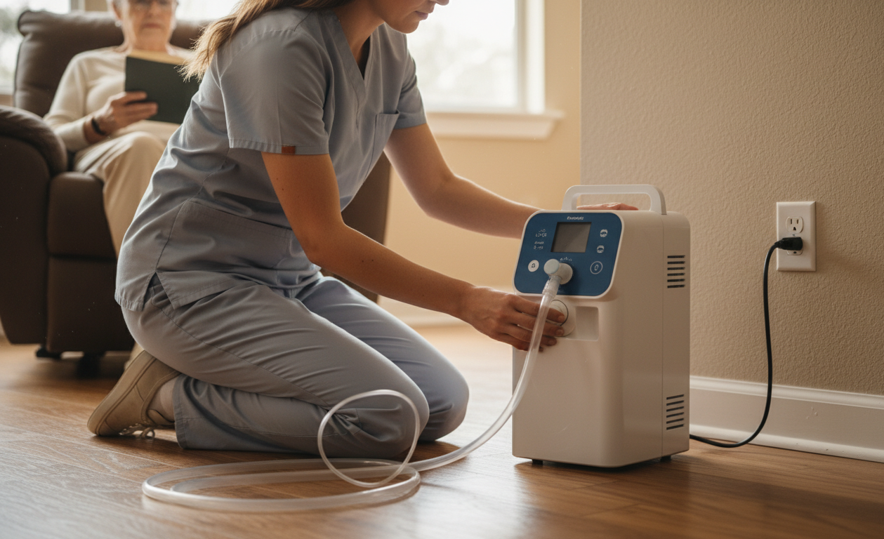 Caregiver setting up a home oxygen concentrator with proper spacing and safe power connection