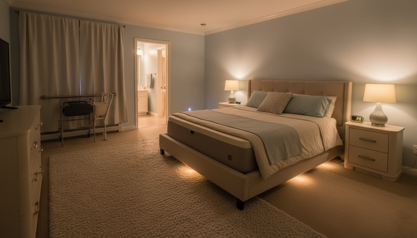 Safe sleep environment for older adults with night lighting and fall prevention features