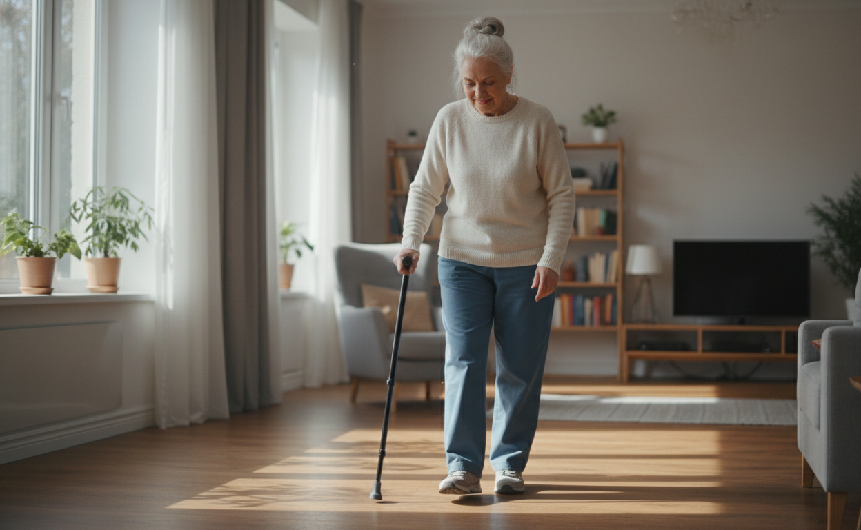 Senior walking carefully with support to improve balance and reduce fall risk with neuropathy