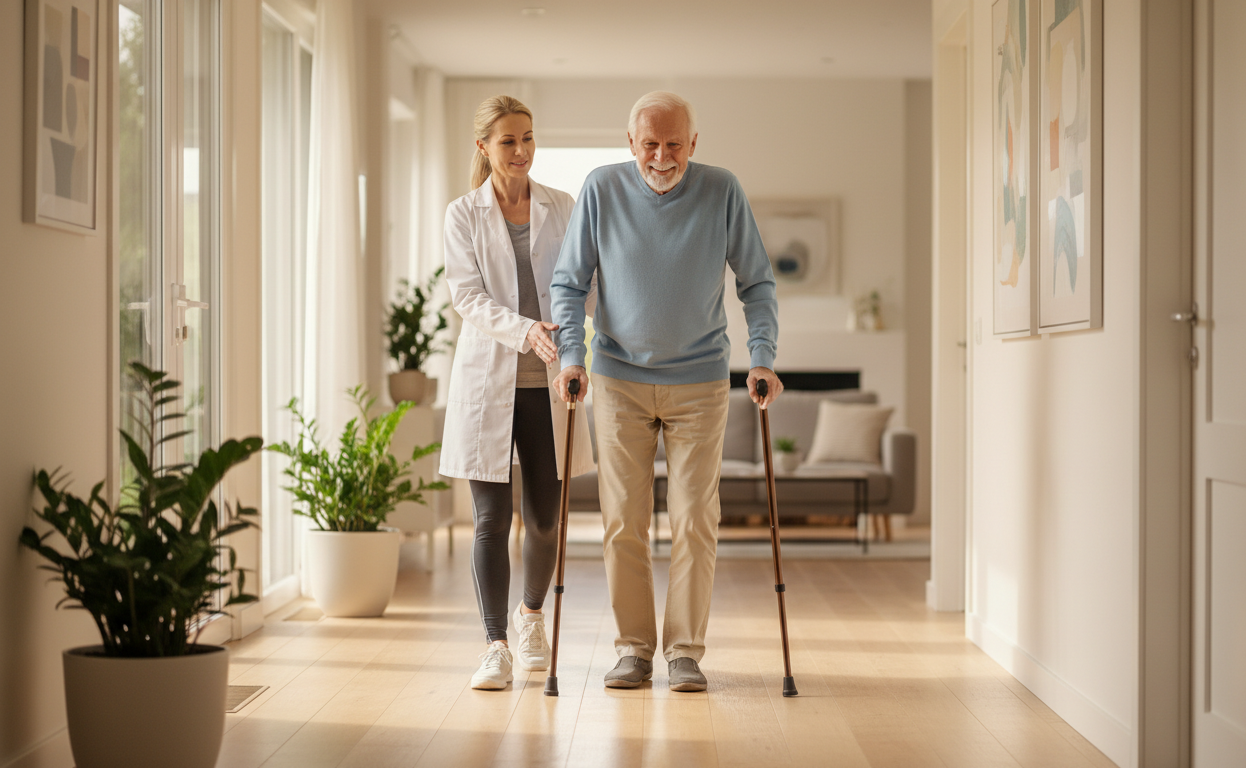 Senior patient walking at home during supervised cardiopulmonary rehab recovery