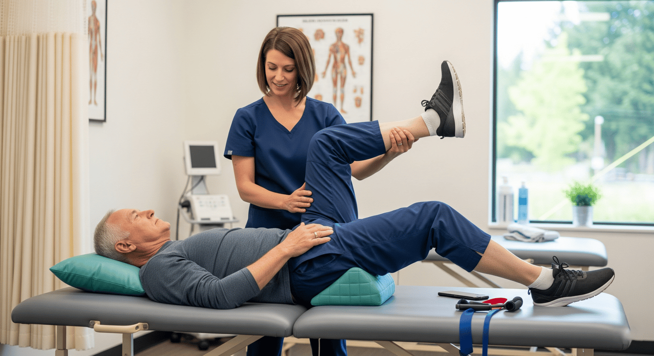 Physical therapist guiding hip movement for an older man recovering from hip replacement in Salem, Oregon