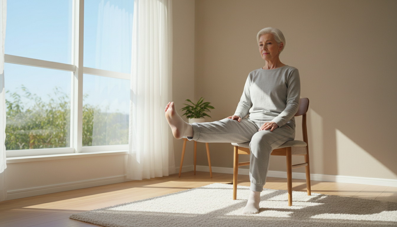 Person performing seated sciatic nerve glide exercise at home for neuropathy relief