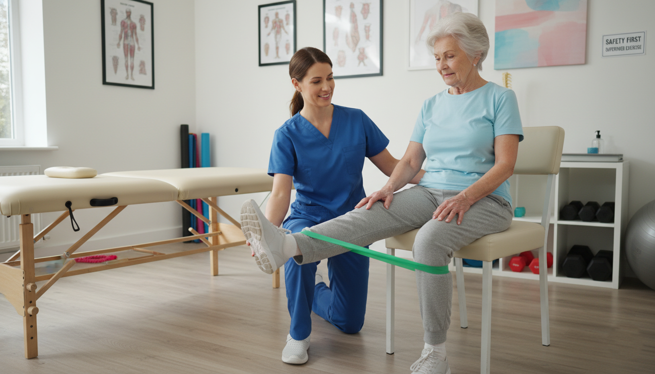 Therapist guiding older adult through safe seated exercises for heart failure rehabilitation in Salem Oregon