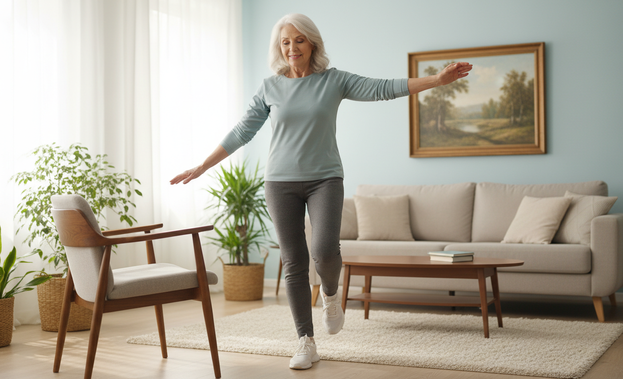 Older adult practicing balance exercise to improve walking stability and prevent falls