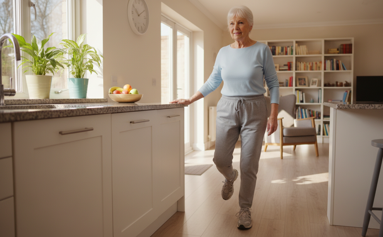 Older adult practicing balance exercises at home for fall prevention