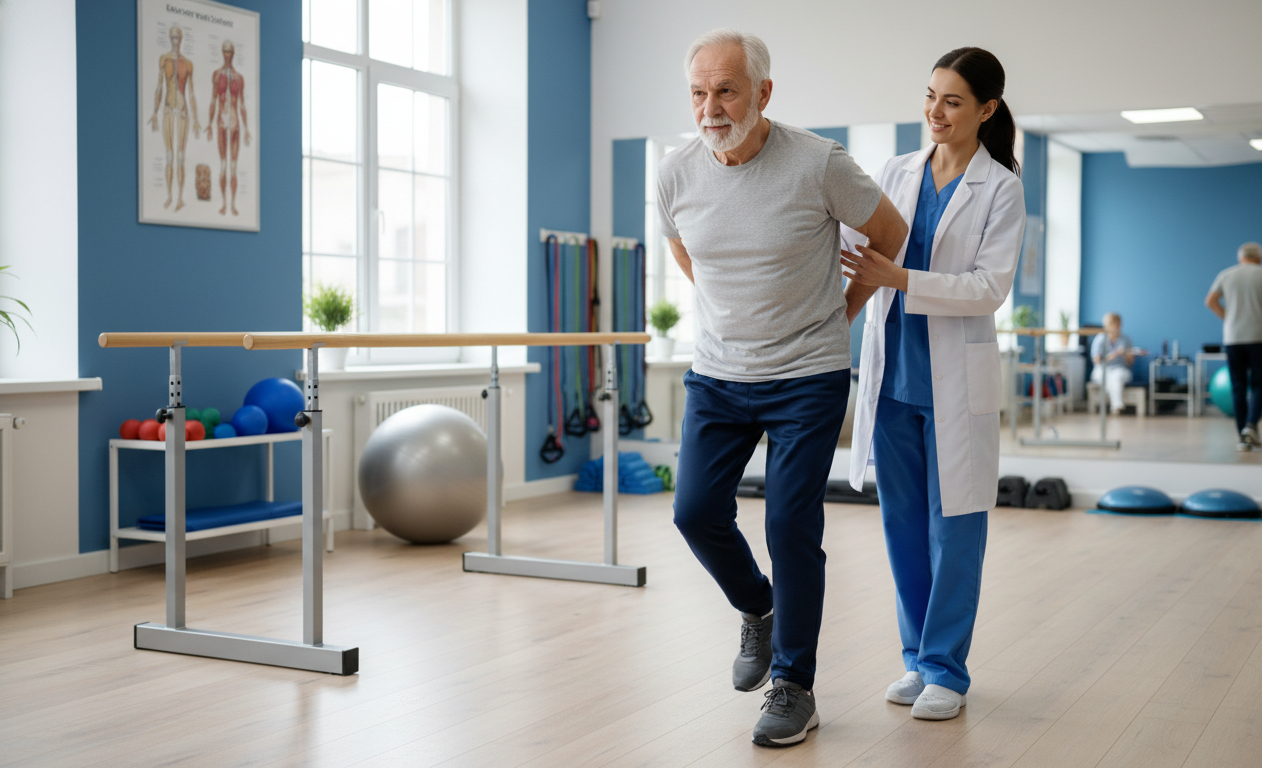 Physical therapist helping a senior with balance exercises