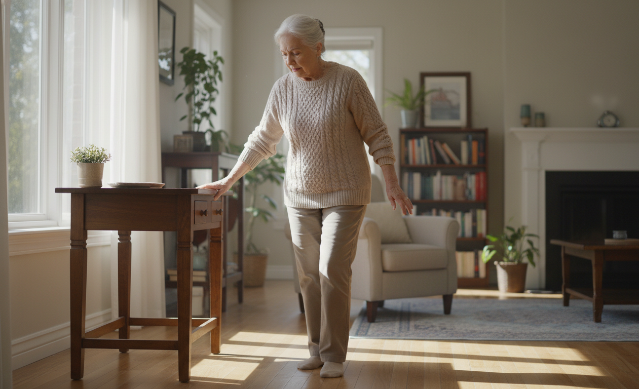 senior experiencing mild balance issues while walking at home