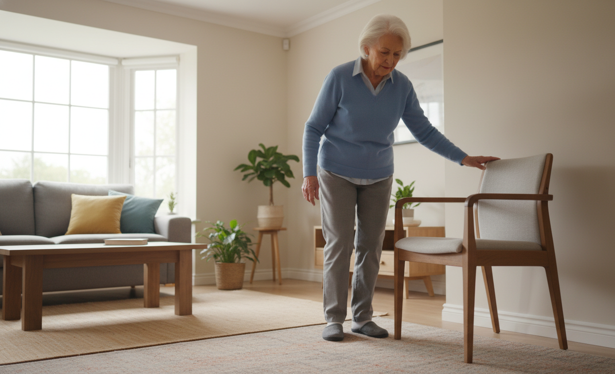 senior walking carefully due to balance issues from numb feet