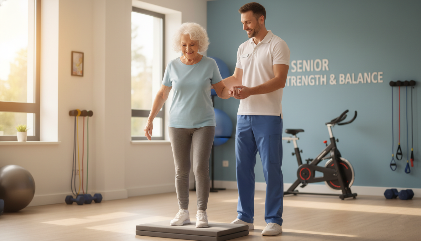 Senior doing balance exercises with a physical therapist in Salem Oregon