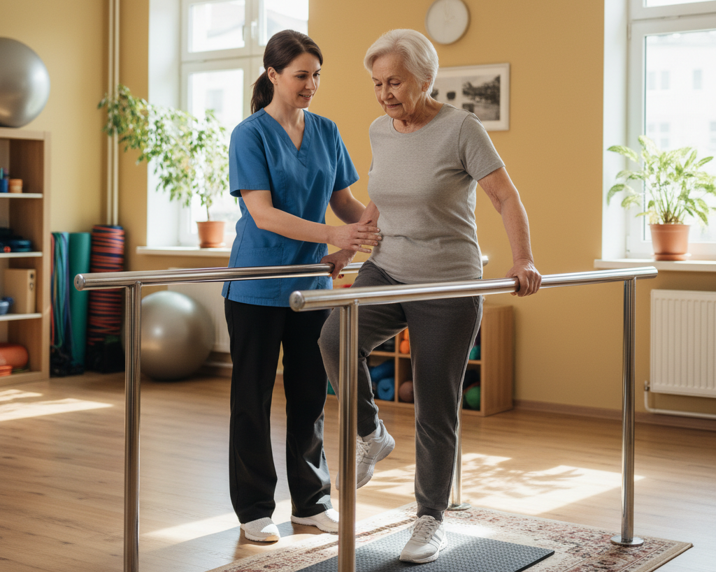 Senior woman in Salem practicing balance exercises with physical therapist guidance.