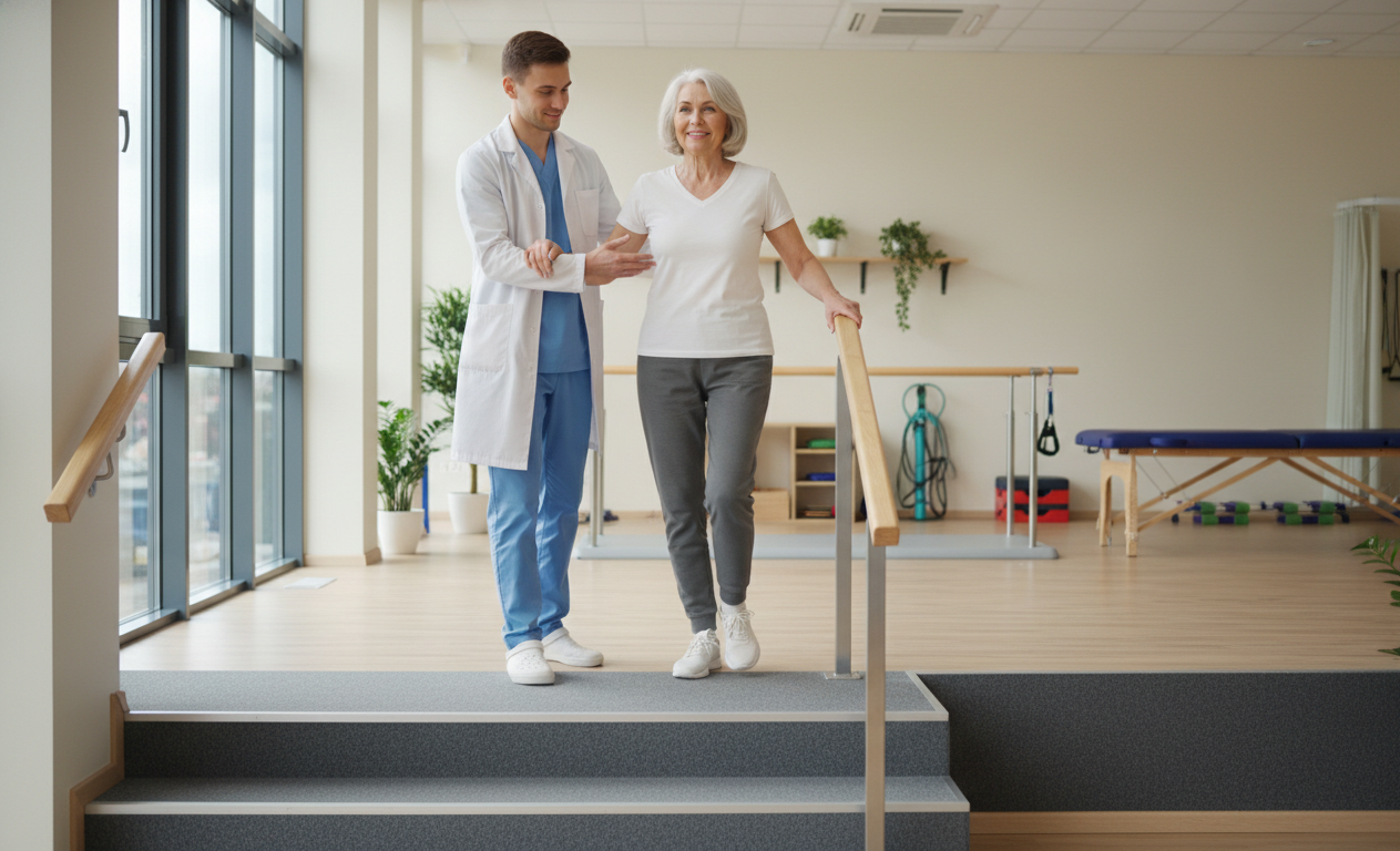 Physical therapist helping senior improve balance and stair confidence