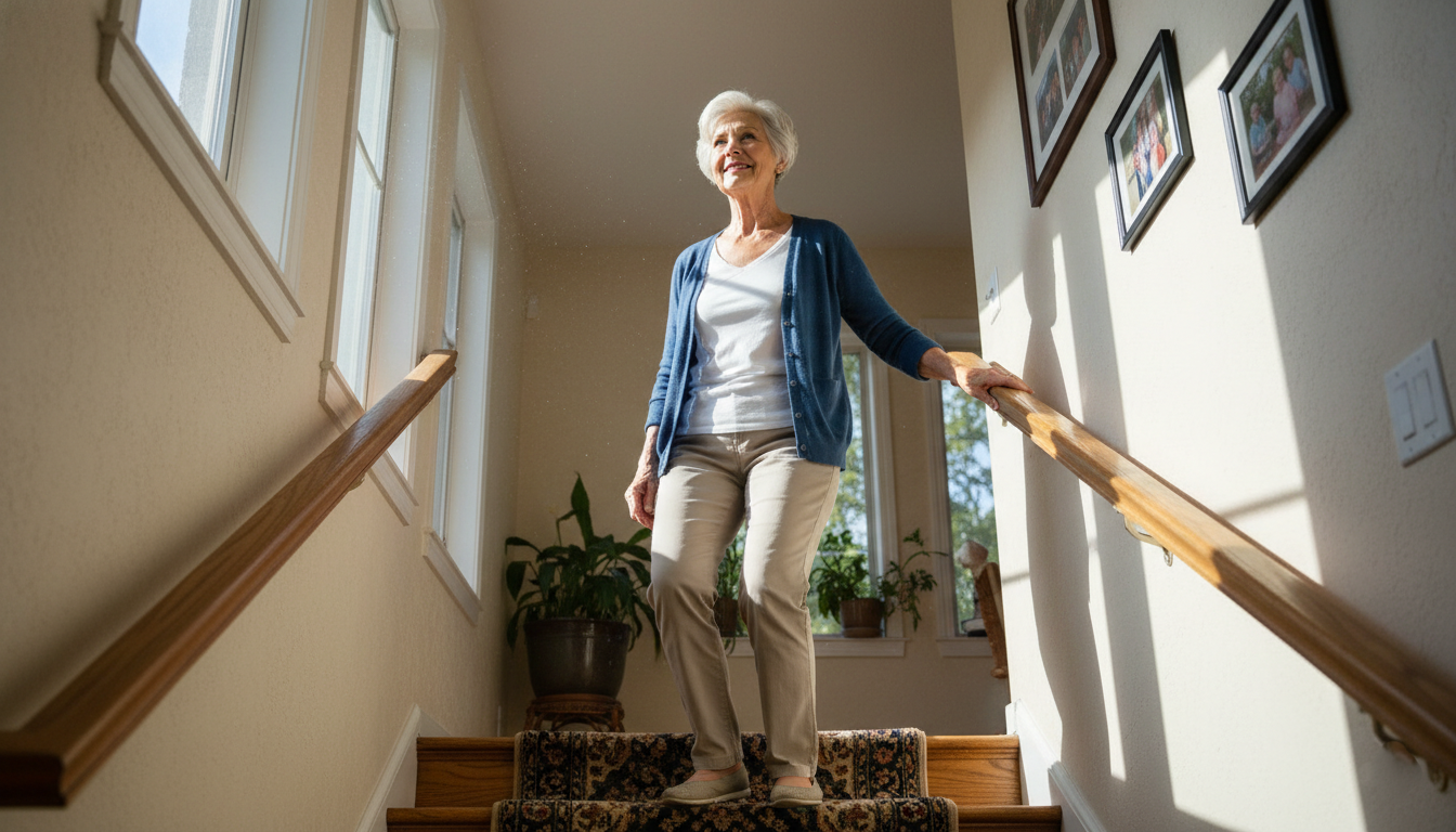 Senior climbing stairs independently showing strength and mobility after 65