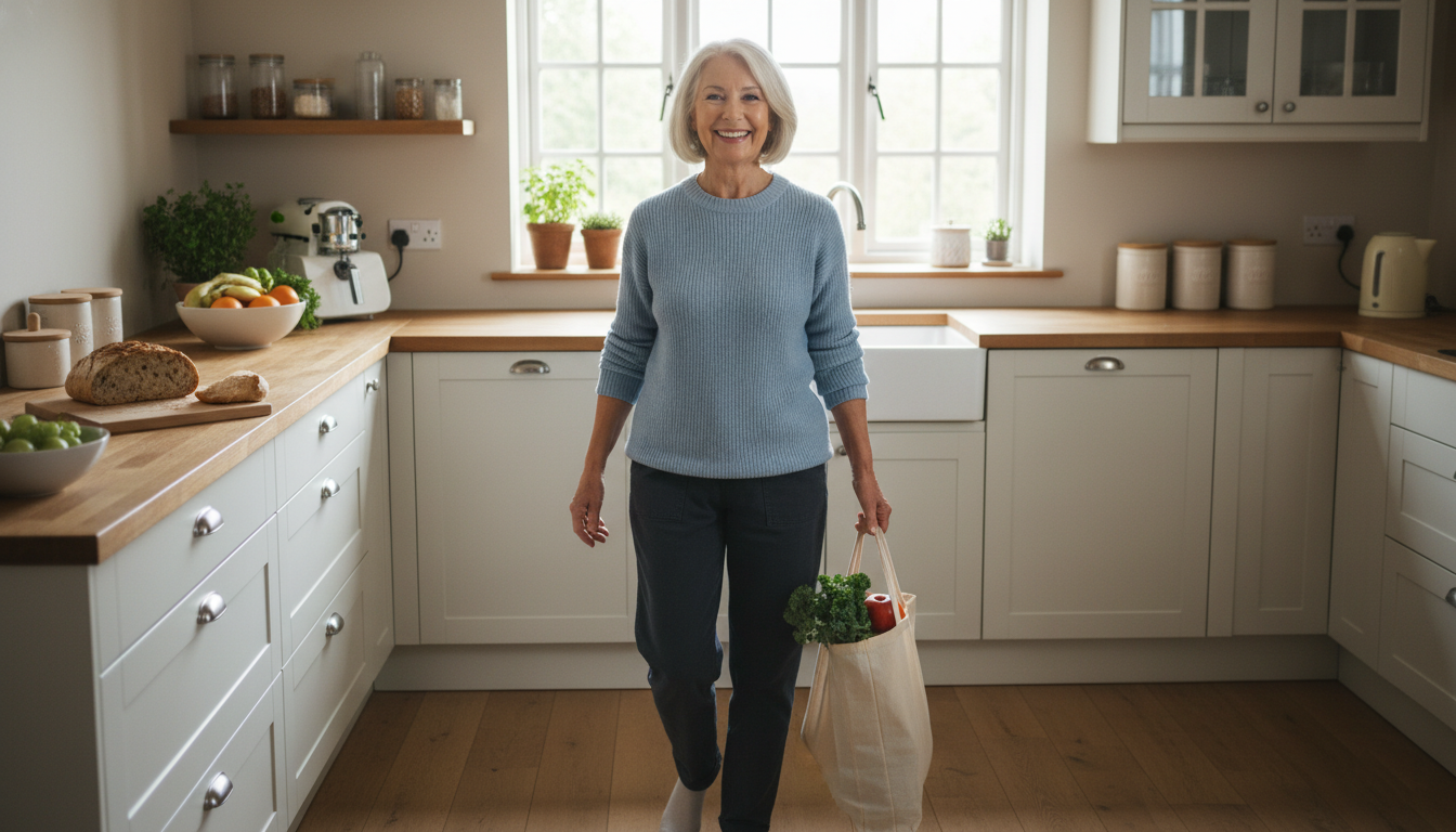 Senior carrying groceries independently showing functional strength and mobility
