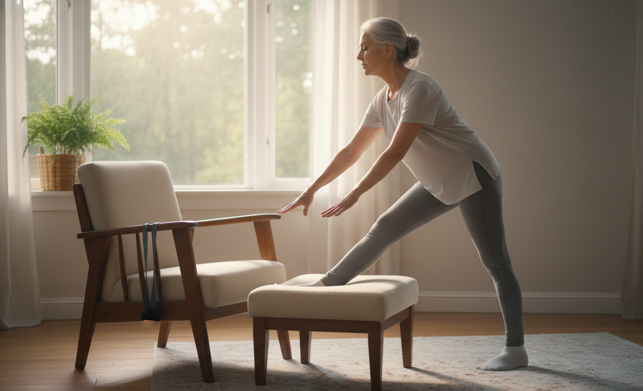 senior doing simple daily strength training routine at home