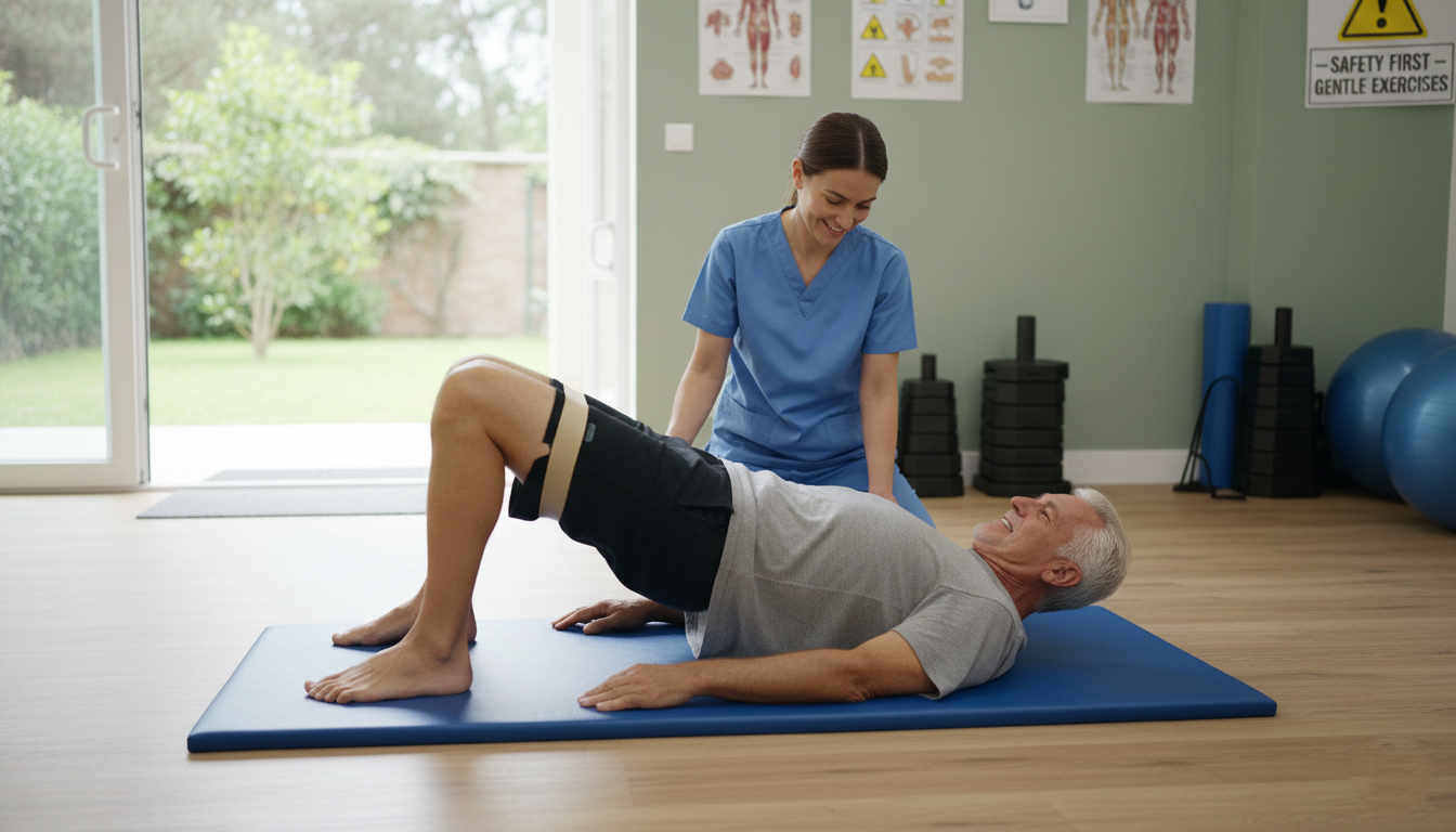 Senior man doing SI joint exercises with therapist supervision at HWY Physical Therapy in Salem, Oregon.