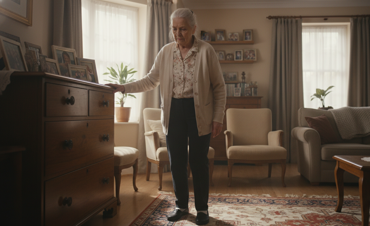 Elderly person at risk of falling due to balance problems while walking indoors